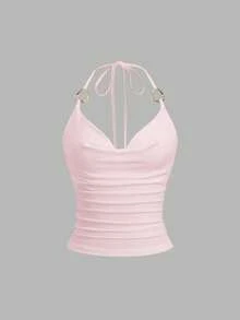 Sweetra New Y2K Metal Ring Accessory Commuter Versatile Cowl Neck Lace-Up Draped Neck Women's Tank Top - Pink - View 1