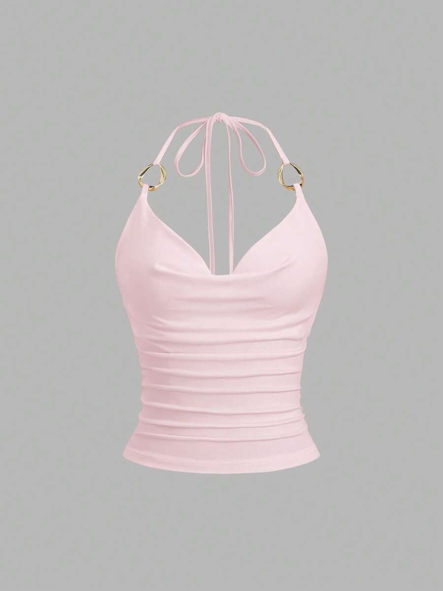 Sweetra New Y2K Metal Ring Accessory Commuter Versatile Cowl Neck Lace-Up Draped Neck Women's Tank Top - Pink - View 1