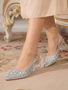CUCCOO TILAWA Women's Crystal And Glass Rhinestone Pointed Bright Silver High-Heeled Shoes, Suitable For Going Out, Banquets, Parties And Other Activities - Bright silver - View 8