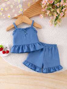 Genkimix Kids Young Girl Solid Color Ruffle Hem Camisole And Shorts Cute Set - Blue - View 4