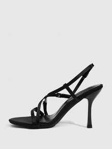 CUCCOO SZL Women's Shoes, Spring/Summer, Multi-Buckle Trim, Cross Ankle Straps, Open Toes, Stilettos, Everyday Parties, Black Sandals. - Black - View 4