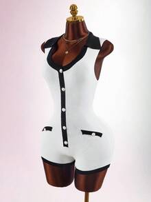 Amplova Women's Sexy Avant-Garde Black & White Colorblock Sleeveless Knit Romper - Black and White - View 6