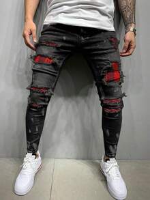 ROMWE MEN Grunge Punk Pantalones vaqueros de algodón con rasgados y cuadros contrastantes, para la escuela - Negro - Ver 5