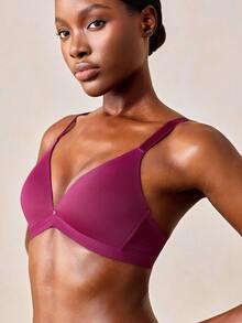 Veilyse 1pc V-Shaped Women Comfortable Wireless Soft Cup Solid Color Bra - Burgundy - View 5