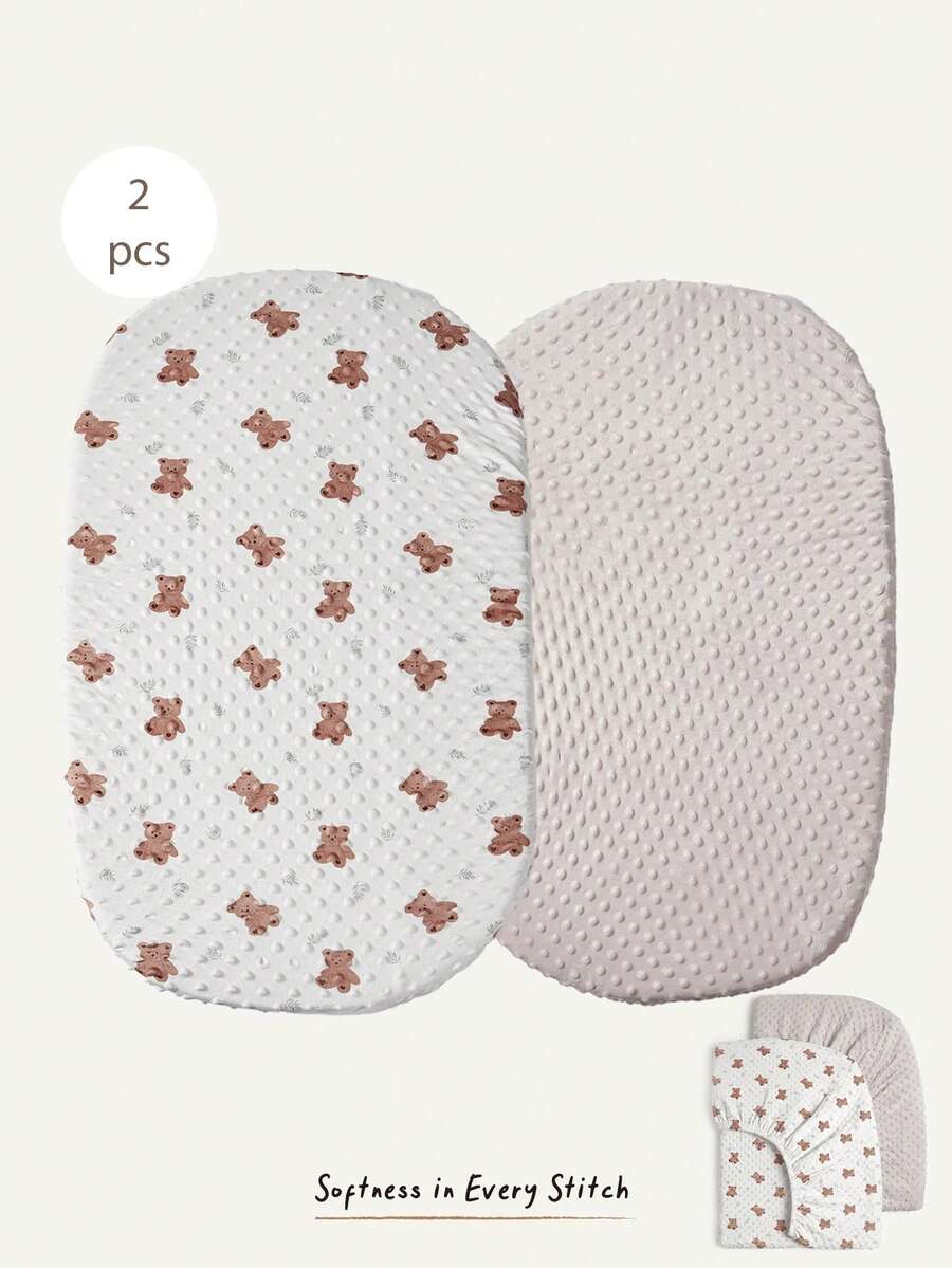 Cozy Pixies 2件組嬰兒床墊組合 素色 + 熊圖案印花,柔軟保暖嬰兒尿布更換墊套 - 彩色 - 查看 1