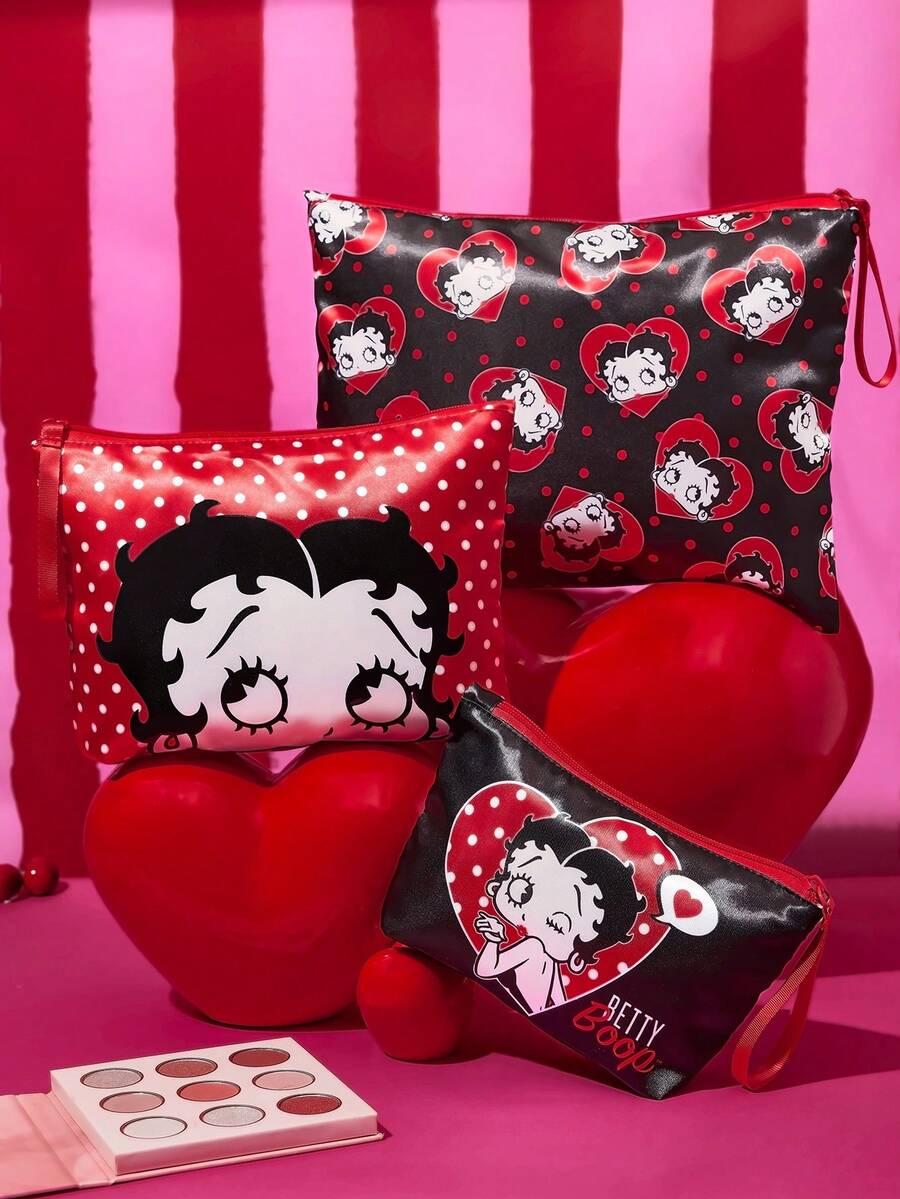Betty Boop x SHEIN 1個/3個組卡通圖案印花輕量聚酯纖維化妝包,適合存放化妝品、文具、日常用品、數位產品,非常適合通勤、上學、旅行,適合男士、女士、學生、朋友,充滿愛意、俏皮、可愛,Betty娃娃 - 黑紅色 - 查看 1