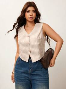 Enliva Plus-Size White Lightweight Vest, Women's Office Brunch Bussines Evening Attire, For Apple And Rounded Body Shape Teachers' Day Summer Casual Elegant - Khaki - View 3