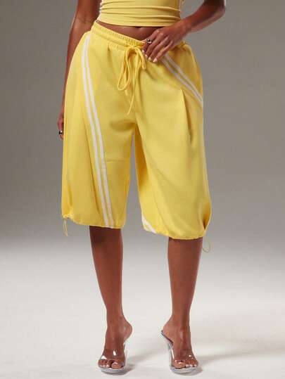 NYA SZN Shorts Pant Jogger Detail Cropped Capri Length Striped Athletic Athleisure Gym Workout Tie Elastic Waistband Summer Shower Yellow Outfits For Women