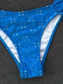 Swim Vcay Set Baju Renang Liburan Pantai Lucu dengan Tali Bahu Warna Polos, Kain Jacquard, Tanpa Kawat, dan Dekorasi Pita untuk Musim Semi/Panas - Biru - View 4