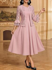 SHEIN Lady طقم نسائي أنيق للحفلات من قطعتين بلون موحد، ملابس علوية دانتيل وفستان - وردي - مشاهدة 3