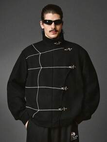 STYNVO Men's Fashion Spiderweb Embroidery Design Zip-Up Stand Collar Jacket - Black - View 3