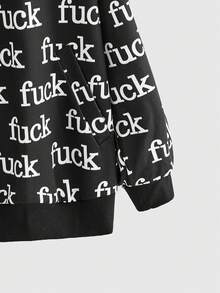 ROMWE Autumn/Winter Punk Slogan Street Print Open Front Hooded Sweatshirt - Black and White - View 4
