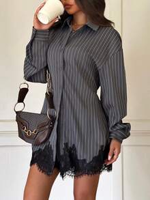 Siren Gaze Ensemble 2 pièces décontracté pour femme avec top à manches longues à rayures simple boutonnage et short avec bordure en dentelle pour le quotidien - Multicolore - Voir 8