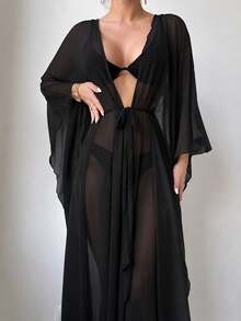 Swim Vcay Kimono Cover Up With Removable Waist Belt - Black - View 5