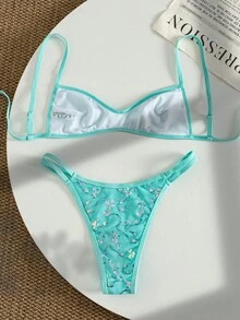 Swim Mod 春夏甜美綠松石色亮片拼接細肩帶可正反穿兩件式比基尼套裝，三角上衣、高衩下褲，性感女款泳衣 - 薄荷綠 - 查看 3