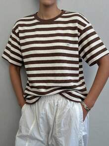 DAZY Casual Sports Summer Top Colorblock Striped Loose Short Sleeve Round Neck Women's T-Shirt - Brown - View 7