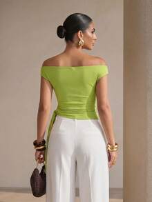 Structelle Summer Casual Solid Color Off-Shoulder Tie-Front Top - Green - View 2