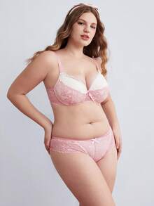 Elorette Women's Colorblock Lace Patchwork Camisole Bra Set, Lace Bra And Panty Set, Plus Size Lingerie Set - Pink - View 6