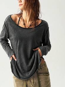 Bohemela Casual Solid Color Off-Shoulder Fashion Long Sleeve Knit T-Shirt - Black - View 4