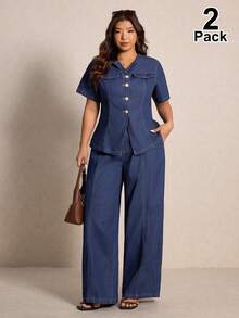 Elaquor Plus Size Women 2pcs Set: Short Sleeve Single-Breasted Denim Shirt And Denim Pants - Medium Wash - View 1