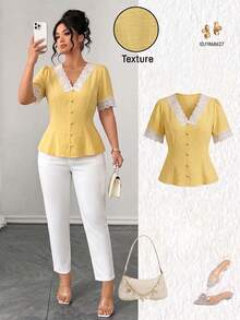 Elenzga Plus Size Contrast Color V-Neck Raglan Short Sleeve Lace Patchwork Front Button Shirt, Summer - Yellow - View 5