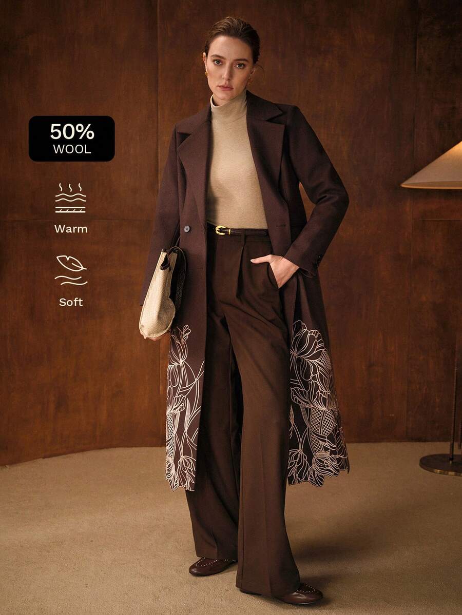 MOTF PREMIUM Women's Fashionable Brown Embroidered Overcoat - Coffee Brown - View 2