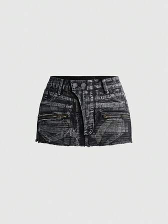 Minifalda vaquera de cintura ultra baja para mujer, estilo retro Y2K Hot Girl, ajustada, con efecto desgastado y lavado, bordado de cuentas con lámina plateada