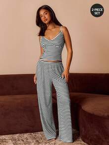 Athîral Women's Casual Striped Print V-Neck Camisole & Pants Pajama Set Women's Two Pieces Set Casual Two Pieces Set Sexy Lounge Sets For Women Two Pieces Set Lounge Set - Multicolor - View 2