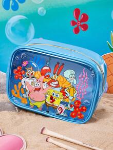 SpongeBob SquarePants | SHEIN 1個大容量卡通圖案印花透明視窗化妝包，適合存放化妝品、文具、日常用品、數位產品，完美適用於通勤、上學、旅行，適合男士、女士、學生，海底世界、蟹老闆、章魚哥 - 藍色 - 查看 3