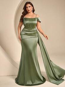 Coutiva Vestido de Noche Formal de Sirena con Tirantes de Espagueti y Hombros Descubiertos Decorado con Strass Talla Grande - Verde - Ver 1