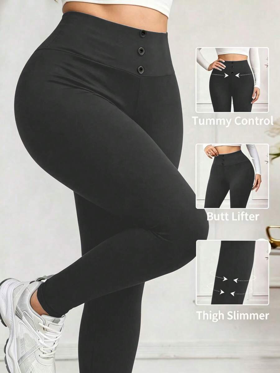 Lacomfia Spring/Summer Casual Versatile Elegant Slimming Button-Up Waist-Cinching Plus Size Women's Leggings - Dark Grey - View 1
