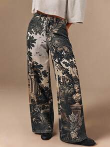 Athîral Denim 女士休闲哥特印花阔腿牛仔裤，适合约会、派对和街头穿着 - 彩色 - 查看 3