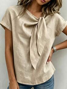 SHEIN Franclia قميص نسائي جديد بتصميم عقدة من القطن والكتان، كاجوال متعدد الاستخدامات - لون مشمشي - مشاهدة 4