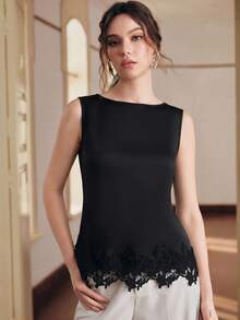 Anewsta Top elegante sin mangas con dobladillo de encaje floral 3D, top de silueta ajustada para mujer - Negro - Ver 1