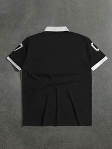 STYNVO Kemeja Polo Pria Lengan Pendek dengan Kancing Setengah Plaket dan Cetakan Huruf - Hitam - View 2