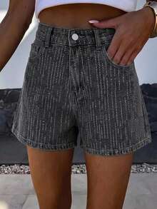 DAZY Celana Pendek Denim Longgar Warna Biru Mengkilap untuk Wanita, Musim Semi dan Musim Panas - Grey - View 5