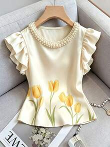 SHEIN Franclia 女款夏季優雅珠飾裝飾花卉印花襯衫 - 黃色 - 查看 3