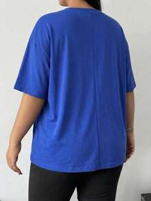 SHEIN CURVE+ 大码女式字母压纹圆领休闲百搭日常短袖T恤 - 藏蓝色 - 查看 2