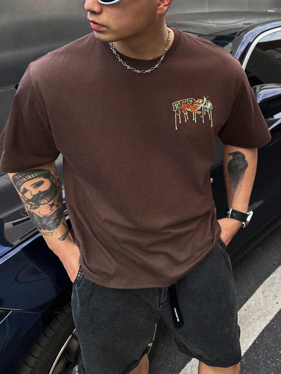 DAZY Kaos Pria Lengan Pendek Longgar dengan Cetakan Huruf Warna Kontras, Kaos Grafis Musim Panas - Coklat - View 1