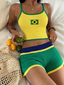 Flirla Conjunto de 2 piezas sexy para mujer para vacaciones en la playa, top casual & shorts de cintura baja de moda, conjunto para Pascua - Multicolor - Ver 4