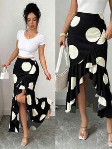 SHEIN Elenzya Women's Vintage Polka Dot High Waist Asymmetrical Ruffle Hem Split Maxi Skirt Y2K Sexy Black White Polka Dot Asymmetrical Ruffle Hem High Waist Flowy Long Skirt Summer Boho Polka Dot High Waist Asymmetrical Ruffle Split Hem Maxi Skirt For Vacation Elegant Polka Dot Asymmetrical Ruffle Hem High Waist Maxi Skirt For Women - Black - View 3