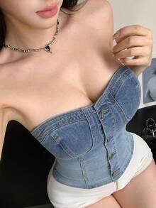 DAZY Distressed Denim Cropped Camisole Top For Women, Spring & Summer Tube Tops - Blue - View 1