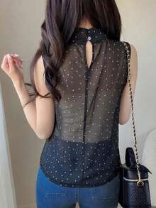 FRIFUL Women's Summer Polka Dot Sleeveless Bow Tie Neckline Casual Versatile Blouse - Black - View 2