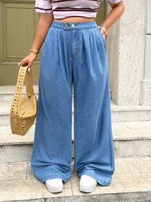 Rivivi High Waist Loose Pleated Double Button Plus Size Denim Jeans Light Blue Summer Simple - Blue - View 8