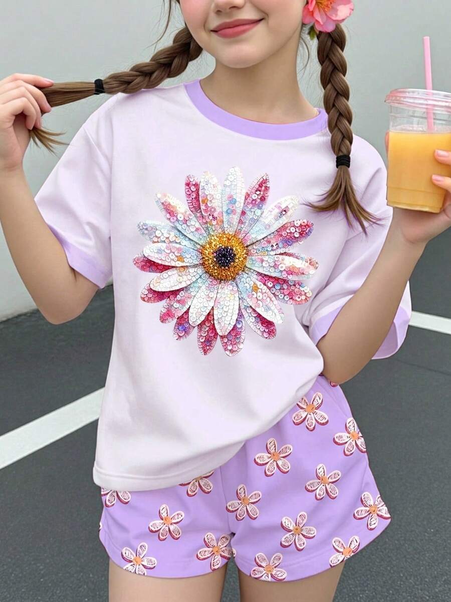 兒童青少年女孩休閒可愛簡約甜美花卉圖案芭蕾風淺藍色亮粉色海灘度假短袖短褲兩件套夏季 - 彩色 - 查看 1