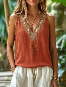 EMERY ROSE V-Neck Relaxed Vacation Style Lace Trim Women's Tank Top - Orange - View 3