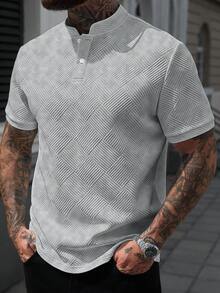 Manfinity Homme 男士立領 Polo 衫 針織提花面料 休閒外出時尚百搭款 - 灰色 - 查看 3