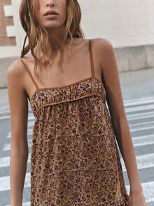 Nöista Robe décontractée pour femmes à bretelles spaghetti, imprimé intégral, plissée, pour rendez-vous et soirée - Kaki - View 8