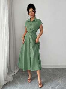 Elenzga Women's Spring/Summer Elegant Casual Khaki Design Bow Tie Ruched Slimming Single-Breasted Stand Collar Short Sleeve Shirt Dress - Green - View 7