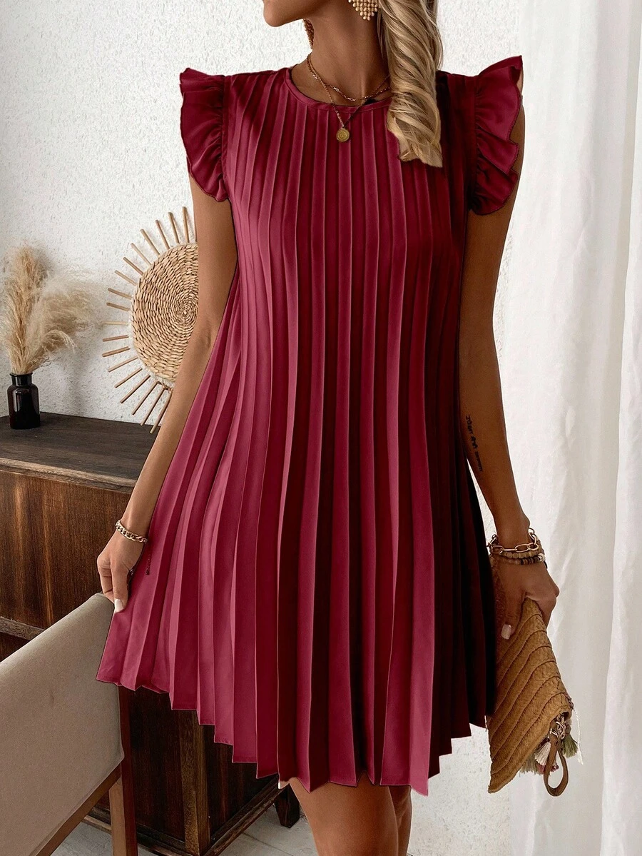 EMERY ROSE Women's Summer Casual Solid Color Pleated Dress - Burgundy - View 1